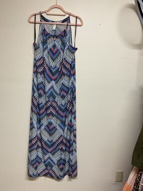 Blue Multi Chevron Maxi Dress with Spaghetti Straps